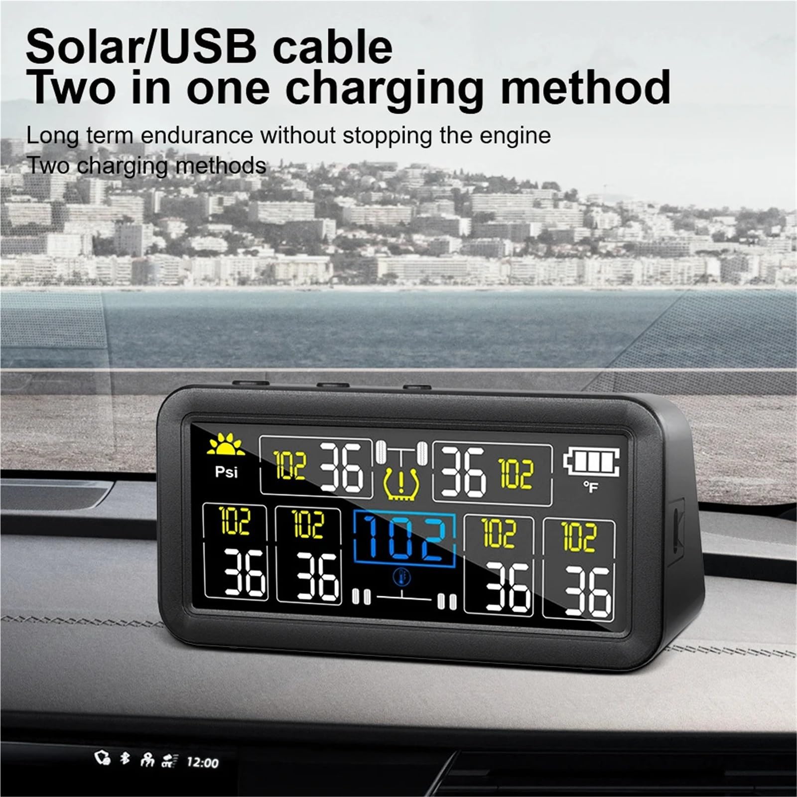 TPMS Solar con 4/6 sensores externos, 0-9,9 Bar, Pantalla LCD Digital para camión y Caravana, Alarma de presión de neumáticos para Coche, Resistente al Agua(6 Wheel External)