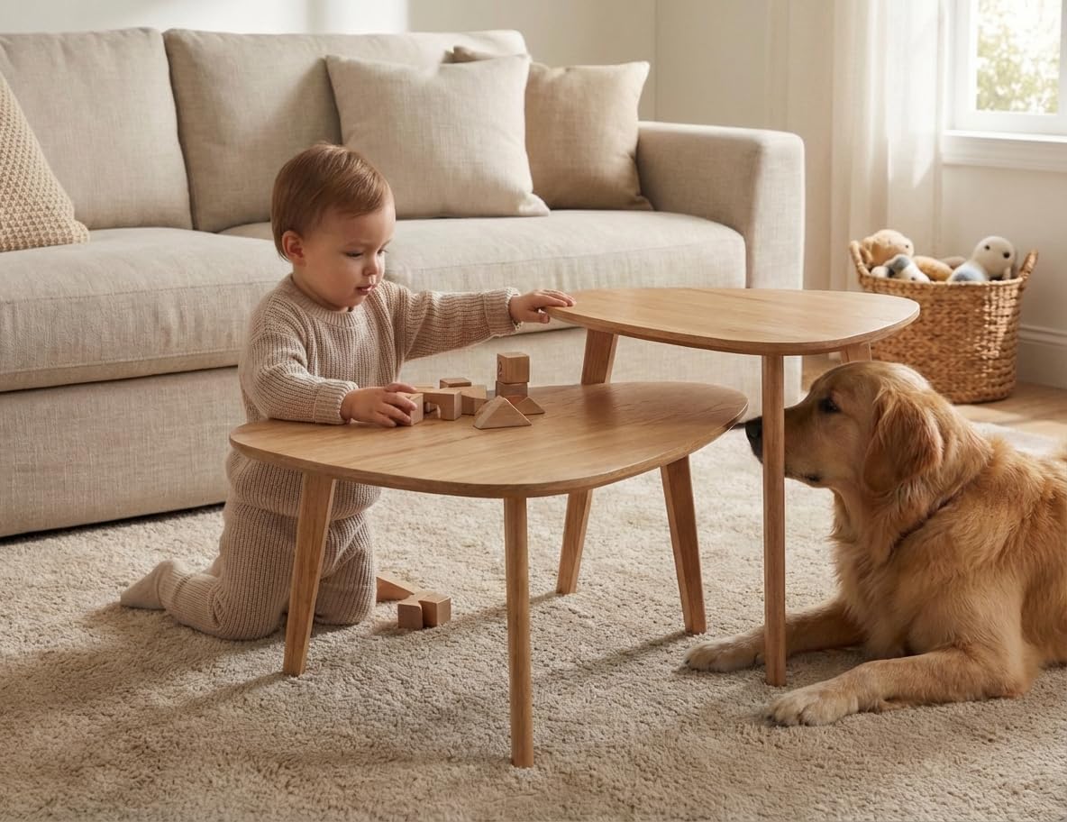 Nesting Coffee Table Set of 2-Mid Century Modern Guitar Pick Stacking Tables with Solid Wood Legs-Waterproof Triangle Center Side End Table for Small Living Room,Apartment,Balcony (Natural)