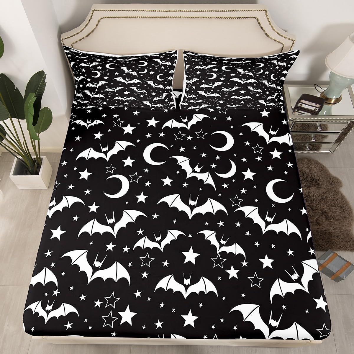 jejeloiu Halloween Decor Bed Sheets Set Full Size Bat Deep Pocket Fitted Sheet Moon Bedding Sets Spooky Halloween Decorations Soft Bed Set 4Pcs with 2 Pillow Cases