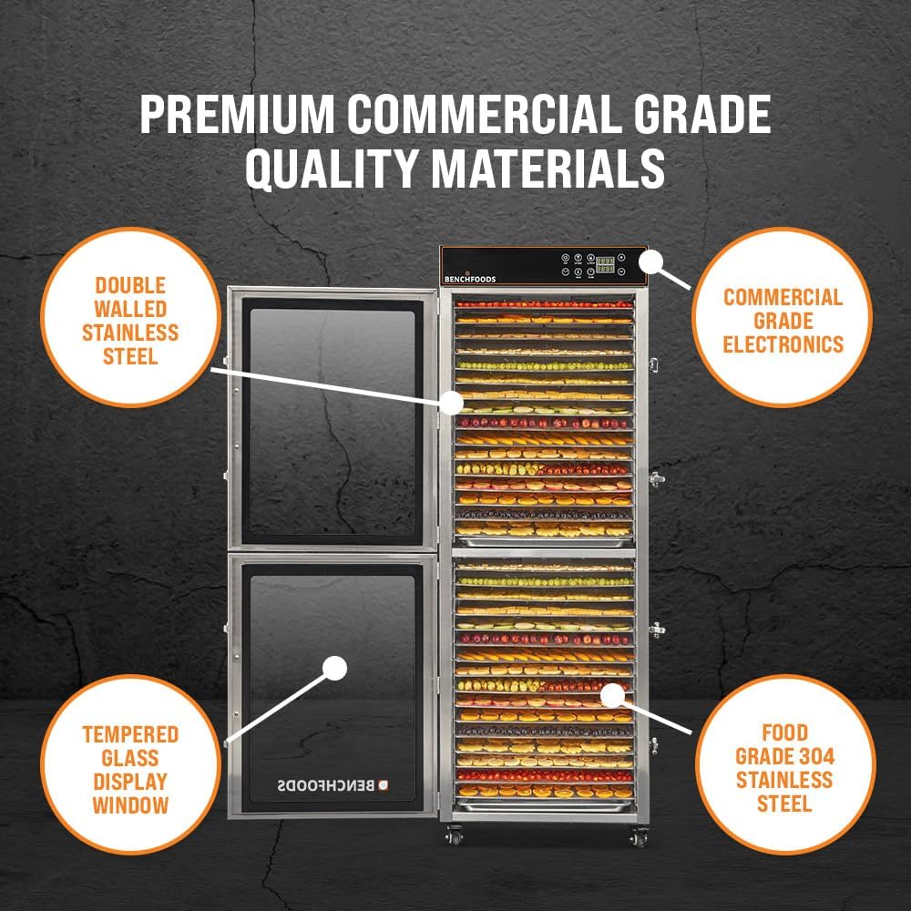 Vertical Commercial Food Dehydrator, 32-Tray / 55 Sq. Ft. Tray Area | 2 Zone, Heavy Duty Stainless Steel | 99 Hour Timer, Energy Efficient | Preserve Fruit, Meat, Vegetables, Herbs | Silver