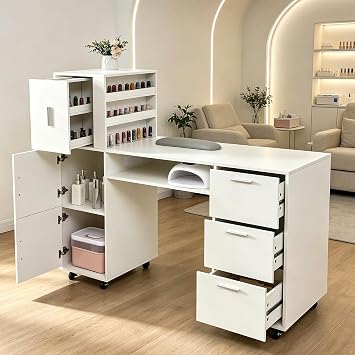 Nail Desk for Nail Tech, Professional Manicure Table Nail Station with Power Outlets,Storage Drawers & Cabinet for Beauty Salon, Spa & Home Workstation