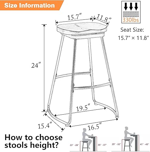 Miniatura 2 de Alunaune Juego de 4 taburetes de bar de metal de 24 pulgadas, asiento de silla de montar sin espalda, taburetes de bar de altura de mostrador,
