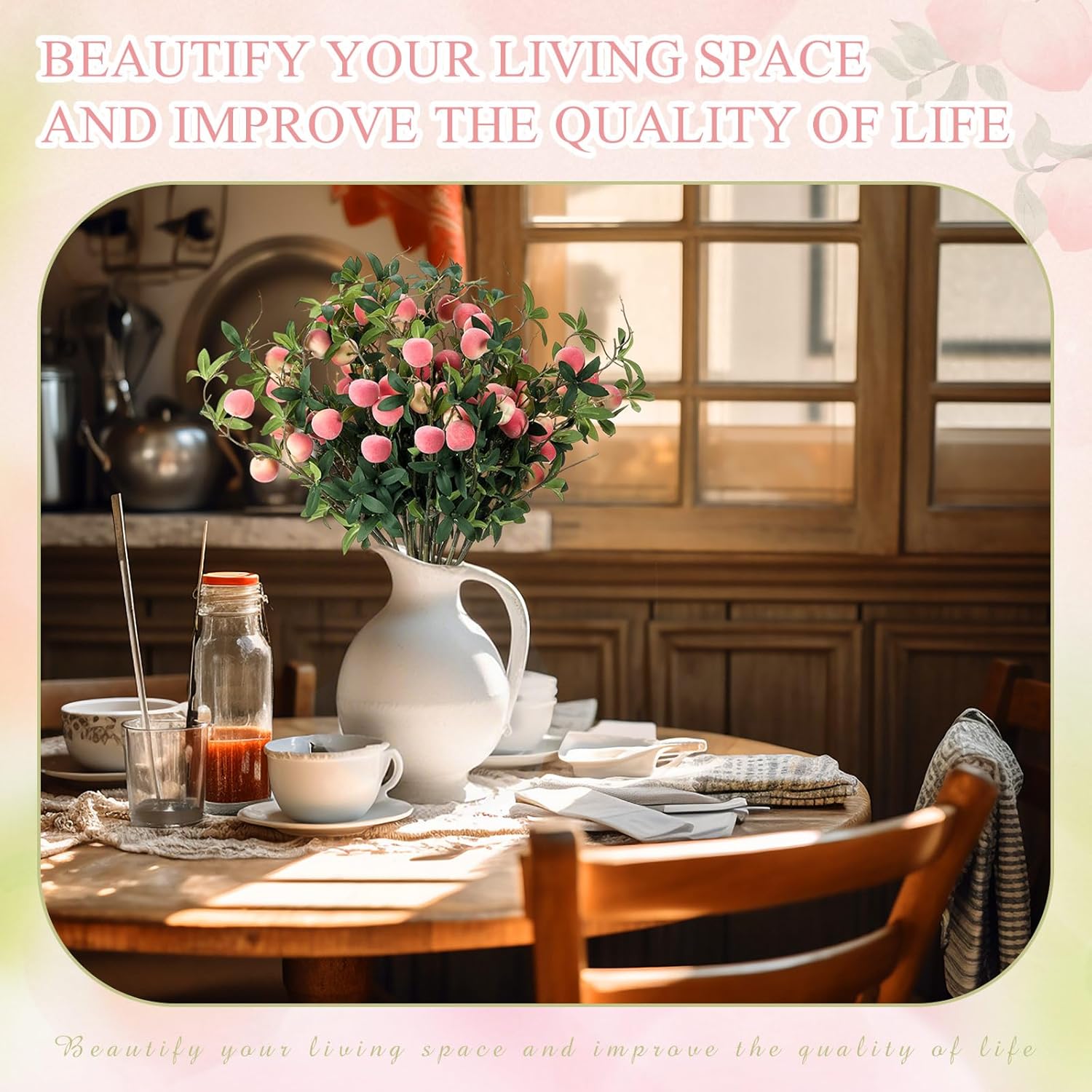 20 Pcs Artificial Peach Branches 27 Inch Realistic Artificial Peach Fruits with Green Leaves Simulation Branches Decoration for Vase Home Party Decoration