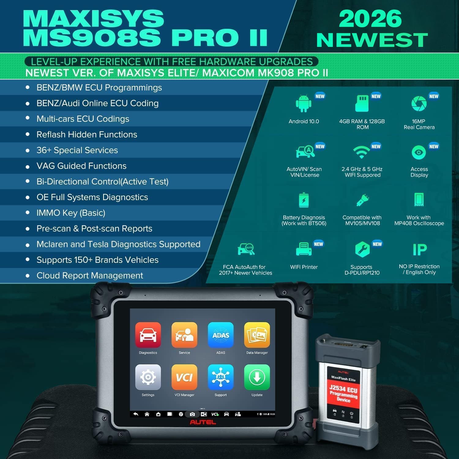 Autel MaxiSYS MS908S PRO II Diagnosis Coche: 2026 J2534 ECU Programación Adaptación Codificación PMI como Elite II PRO, Mejora Herramienta Reprogram MK908P II, AutoScan2.0, Prueba Activa, 38+ Servicio