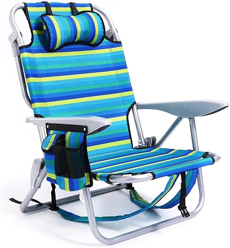 Silla de playa portátil para adultos, silla de campamento al aire libre, mochila plegable plana, silla reclinable de playa con 5 posiciones,