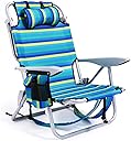 Portable Beach Chair for Adults, Outdoor Camping Chair Lay Flat Folding Backpack Beach Reclining Chair with 5 Positions, Headrest, Cup Holder, Heavy Ocean Striped