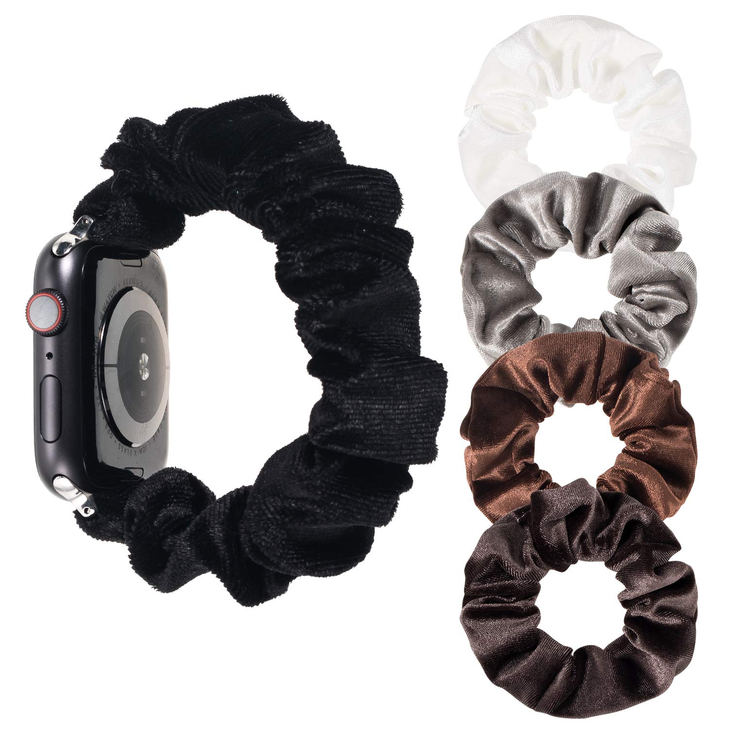 Whaline Scrunchie Watch Band, Compatible with iWatch Series 1/2/3/4/5, with 4 Pieces Velvet Scrunchies Hair Elastic Ties Ponytail Holder for Women Girls (Black, 38/40mm)