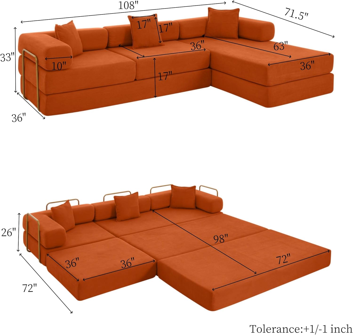 Eafurn L Shaped Convertible Sleeper Sofa Bed King Size Sleeper Sofabed, 7-in-1 DIY Combination Corduroy Folding Mattress Couch with Fixed-Shape Frame, Boneless Floor Sofa Couch