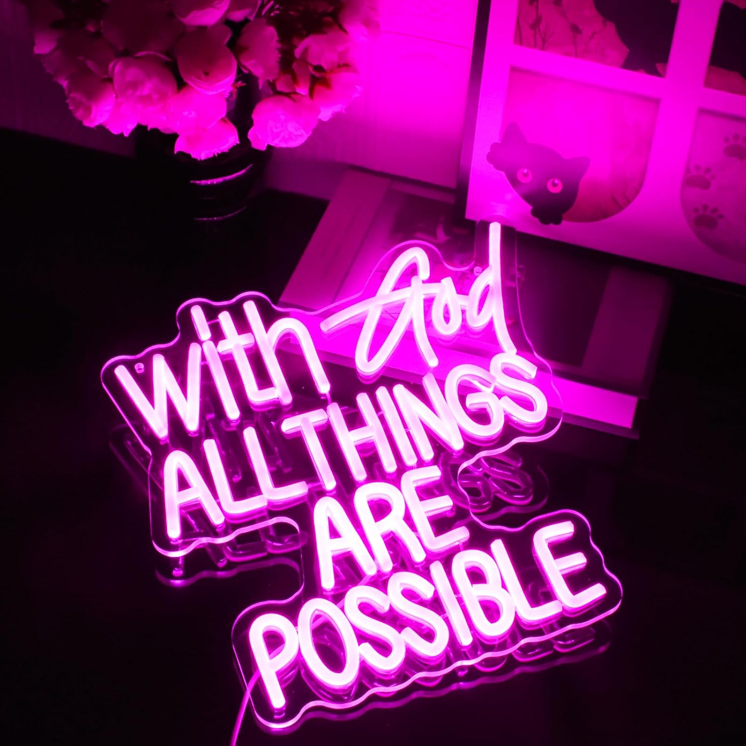 With God All Things Are Possible Neon Sign Pink God Led Lights for Wall Decor Letter LED Neon Lights Dimmable USB Powered for Room Party Wedding Church Decor