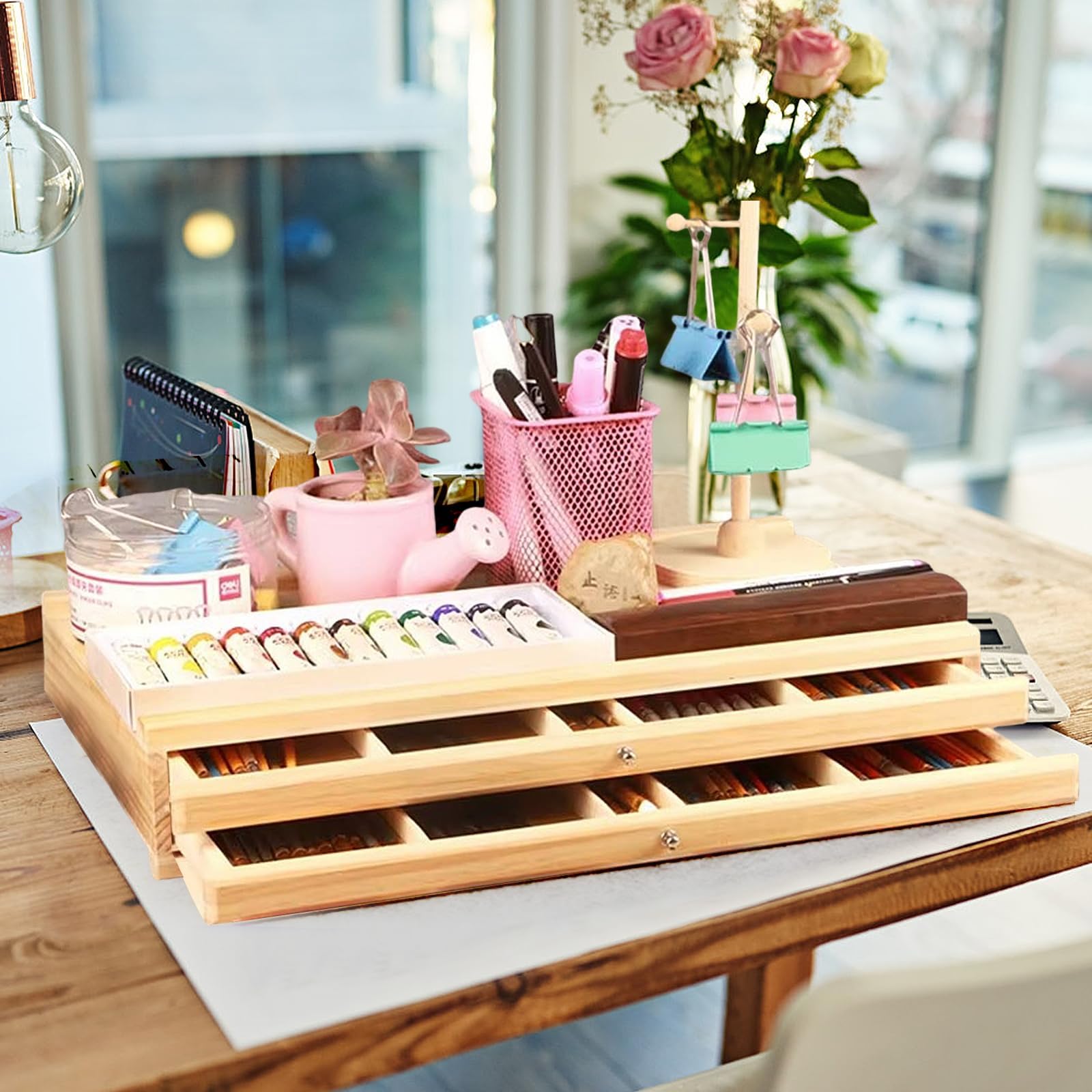Boîte de rangement en pin de grande capacité avec 2 tiroirs et compartiments pour fournitures artistiques, pinceaux, crayons et pastels