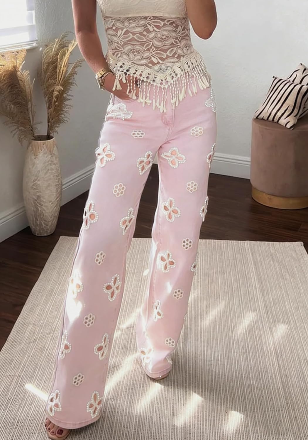 Famnbro Women Pearl Jeans Y2K High Waisted Floral Sparkly Baggy Straight Leg Bling Glitter Ripped Denim Pants