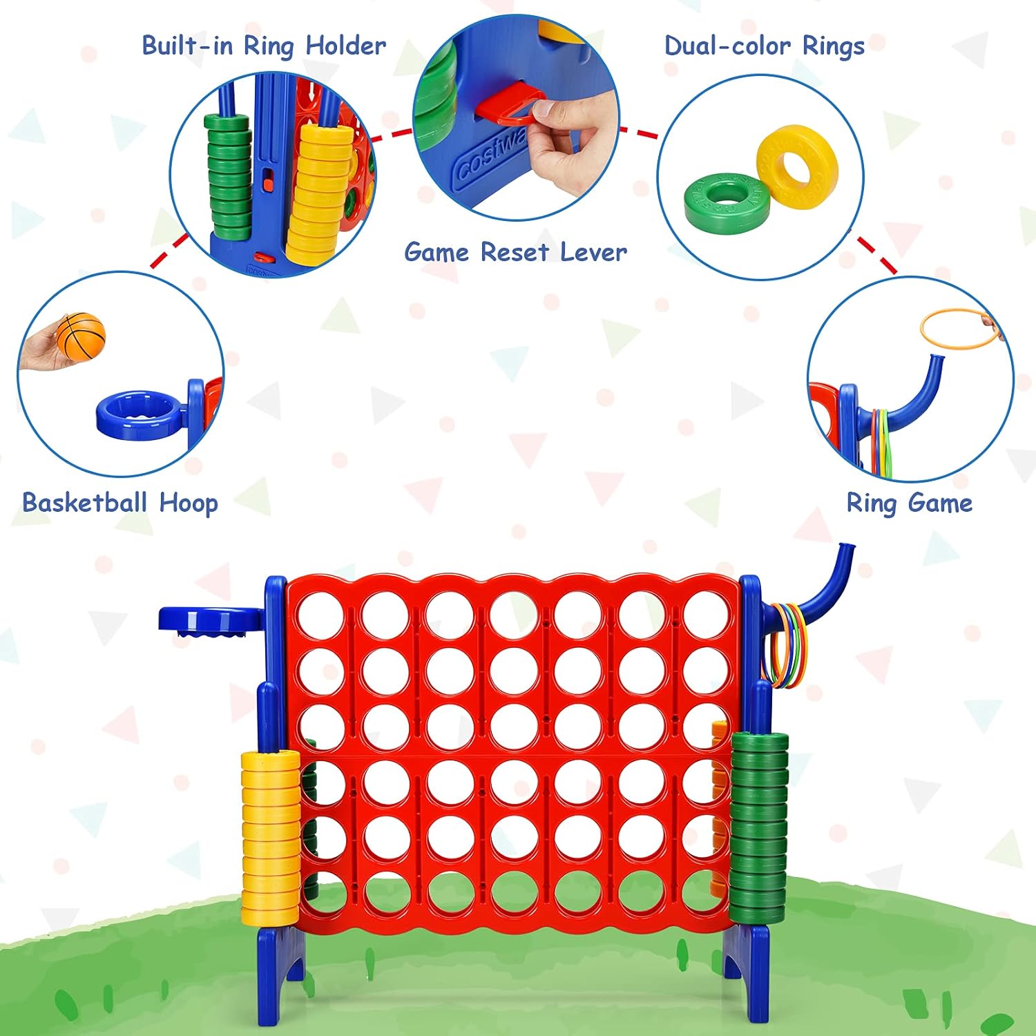 COSTWAY Jumbo 4-to-Score Giant Game Set for Kids & Adults, 2.5Ft Indoor Outdoor Game with Basketball Hoop, Ring Game, 42 Jumbo Rings, Quick-Release Slider, Perfect for Birth & Holiday Party