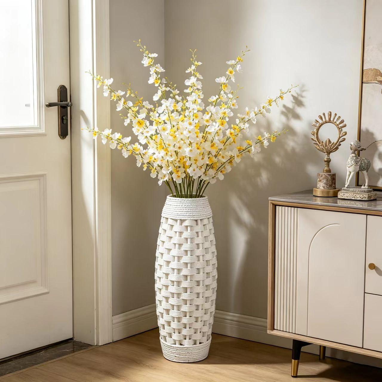 Hosley 24" High Wood and Grass Floor Vase-White. Ideal Gift for Floral Arrangements Weddings, Home Decor, Long Dried Floral, Spa, Aromatherapy, Umbrella/Cane Stand image 2
