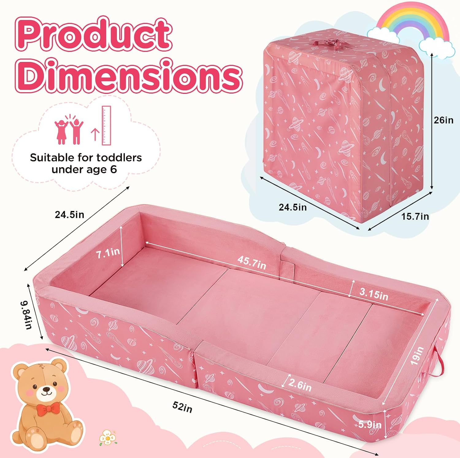 Toddler Travel Bed, Foldable Portable Toddler Floor Mat for 3-6, Peach Pink