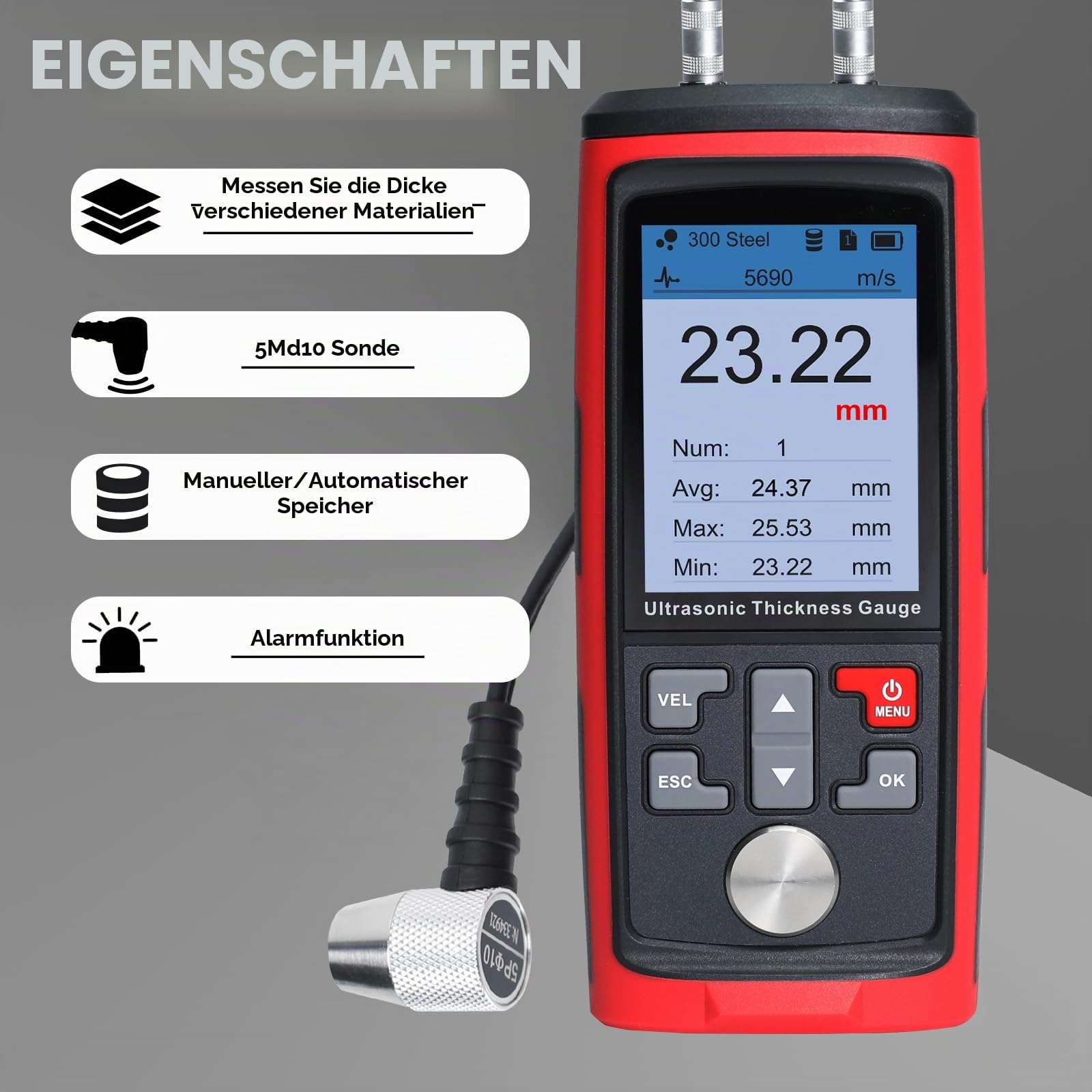 Zerstörungsfreies Ultraschall-Dickenmessgerät mit Alarm, Datenspeicher und PC-Software für Metalle, Glas und Kunststoffe