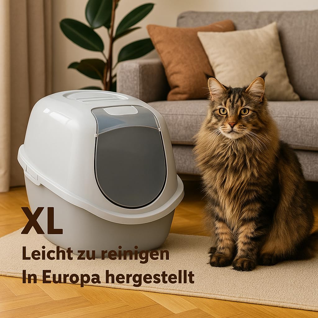 Flamingo Katzentoilette Trini – Grau – Größe XL (46 × 67 × 49 cm) – Mit Aktivkohlefilter – Aus 98 % recyceltem Kunststoff – Geräumig & Hygienisch