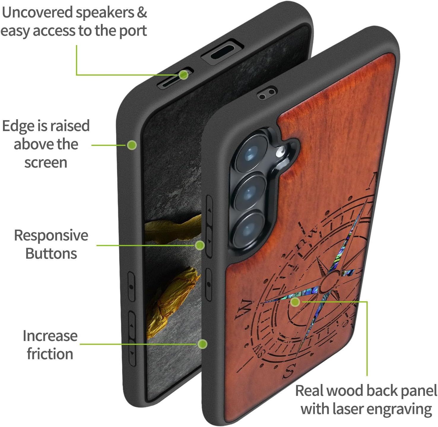 Carveit Magnetic Wooden Case for Samsung Galaxy S25 Case, Wood Artisan Engraved & Handmade Shell Inlaid, Compatible with MagSafe Wireless Chargers (Incomplete Compass) Rosy