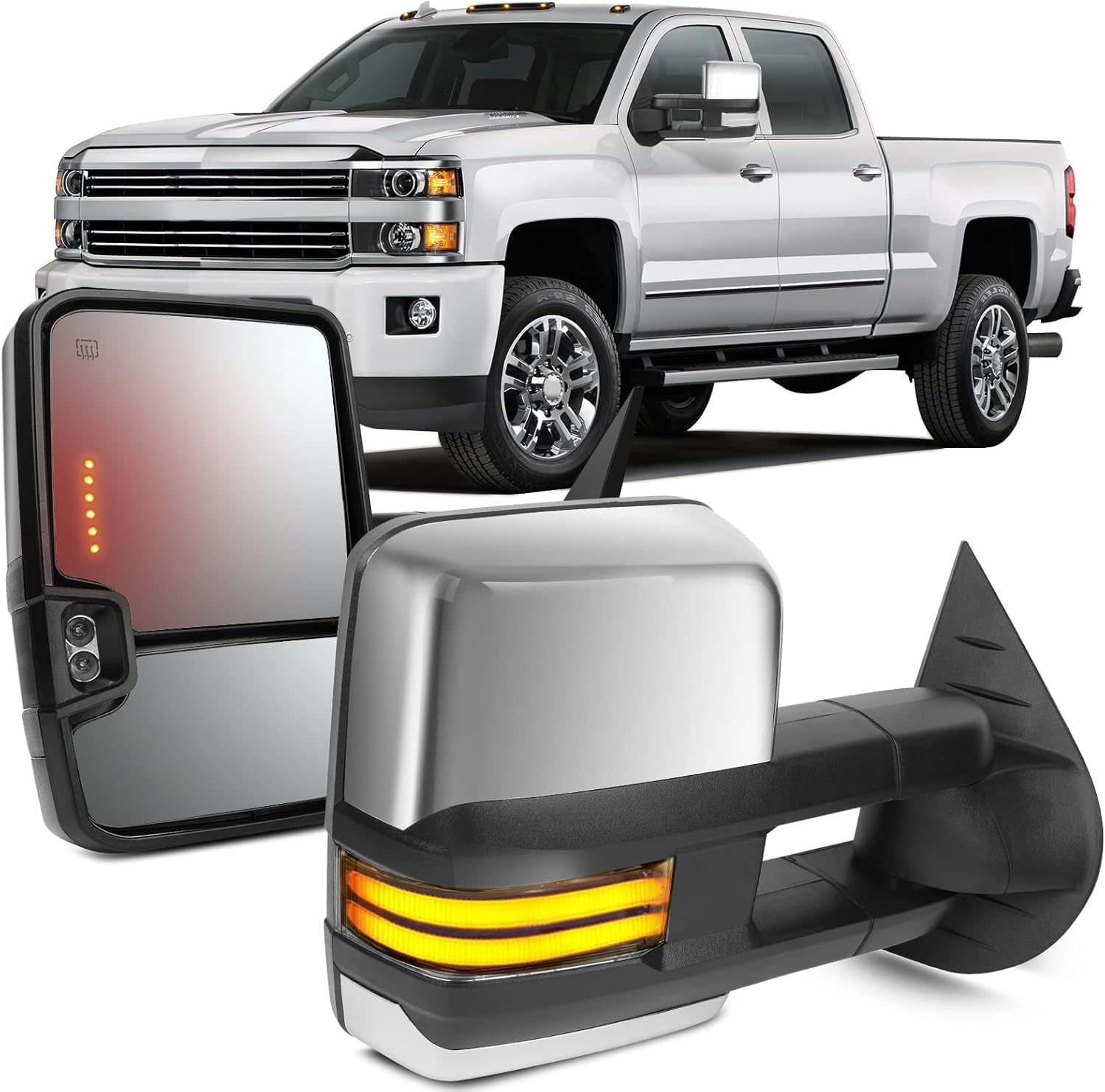OCPTY Rearview Mirrors, Power Heated Towing Mirrors For Chevy Silverado 2014-2018 For Gmc Sierra 2014-2018 With Running Lamp Reversing Lamp Chroming Housing