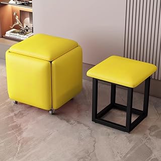5 En 1 Anidación Otomana Silla De Cubo Silla De Sofá Apilable Multifuncional Con Ruedas Giratorias Taburete De Cuero Para Sala De Estar Del Comedor(Size:45x45x45cm/17.7x17.7x17.7in,Color:amarillo)