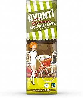 AVANTI Emma Kaffeebohnen, Bio Fairtrade Espresso, ganze Bohnen 500 g, 80% Arabica 20% Robusta, säurearme Langzeit-Trommelröstung (mitteldunkel), Schweizer Röstung und Abfüllung