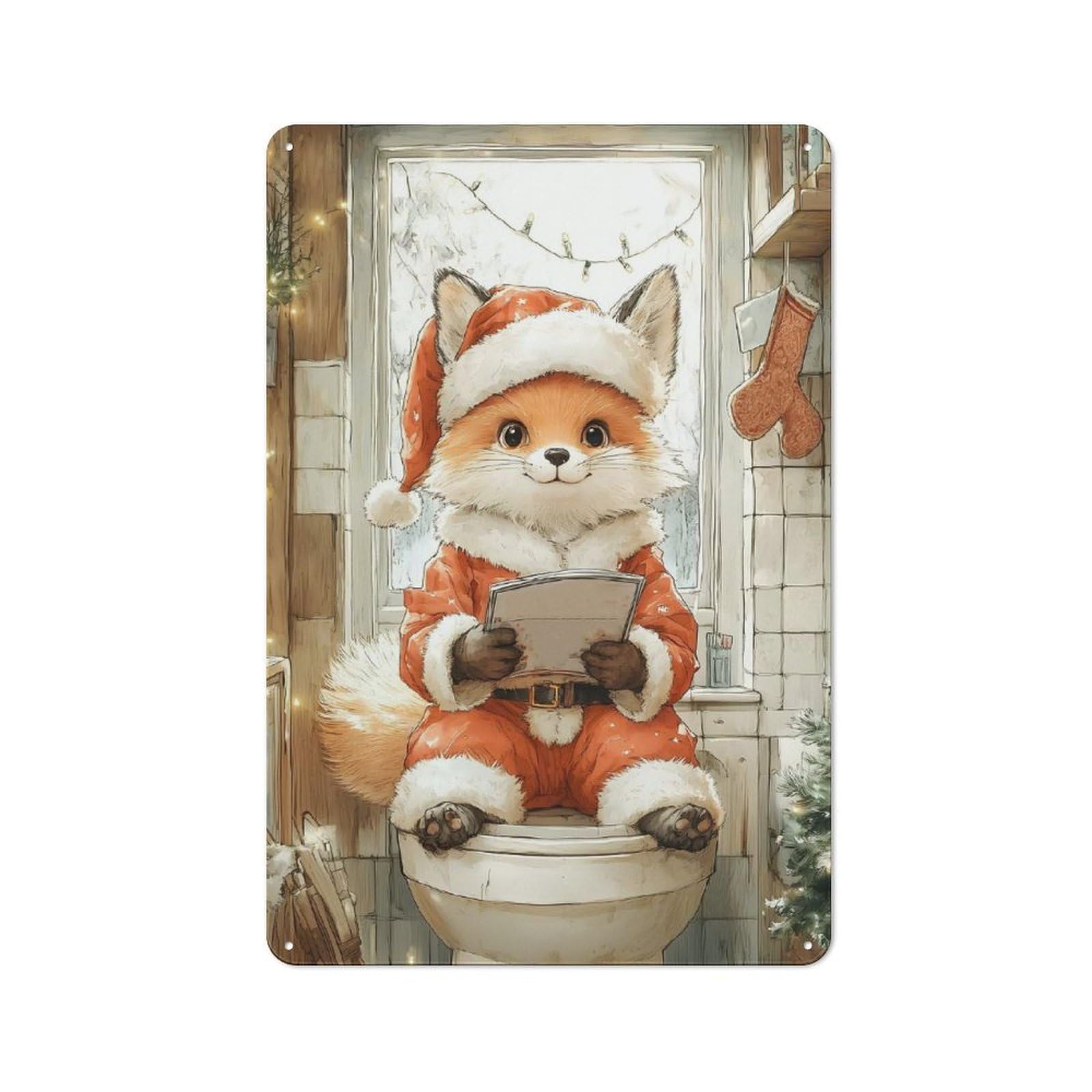 Junmoney Cute Fox In Santa Suit For Bar Or Restaurant, Retro Metal Plaque 30X20cm, A Decorative Christmas Gift For Hospitality Decor Collectors