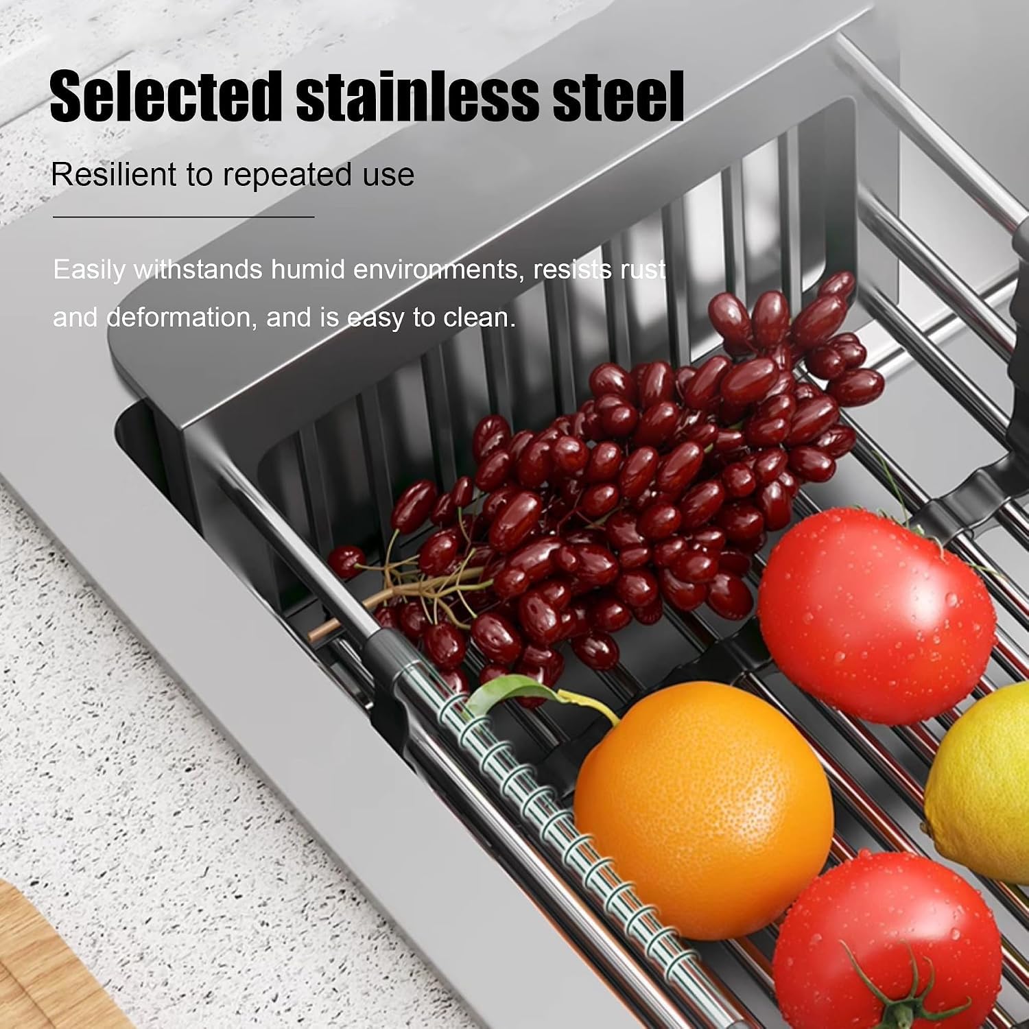 Escurridor de platos ajustable para colocar sobre el fregadero, cesta de drenaje extensible de acero inoxidable para fregadero de cocina de 11,42 a 18,7 pulgadas para frutas, verduras y vajilla, color