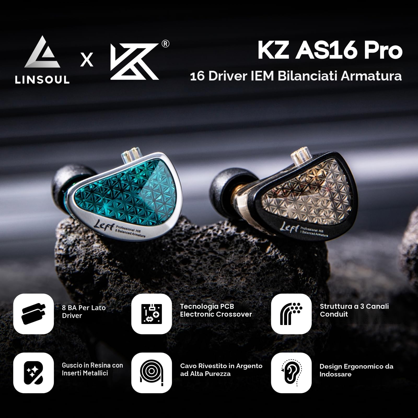 Linsoul KZ AS16 Pro 16BA Balanced Armature Drivers Earphones HiFi Bass in Ear Monitor Earphones with Detachable 0.75mm 2 pin Cable (With Mic, Black)