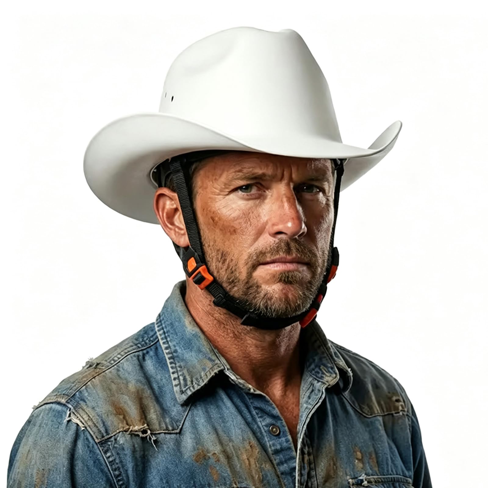 Belüfteter HDPE Schutzhelm mit Cowboy Krempe, verstellbarer, innenliegender Kinnriemen für Bau, Ranch und Feldeinsätze Western Schutzhelm, belüftete HDPE Schale, verstellbarer Kinnriemen