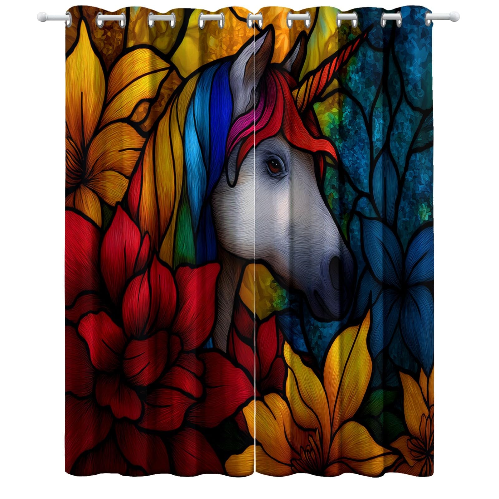 Rideau Occultant 3D Impression Salon 140 x 175 cm Fenêtre En Verre À Licorne Abstraite Thermique Anti Froid Polyester Décoration Chambre Rideau Isolant Phonique pour Chambre, 2 Panneaux, Couleur