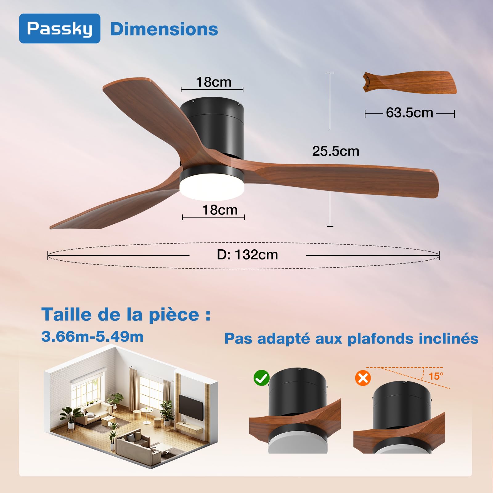 Ventilateur de plafond Passky avec éclairage et télécommande, moteur DC silencieux, 132 cm, 3 pales, noir