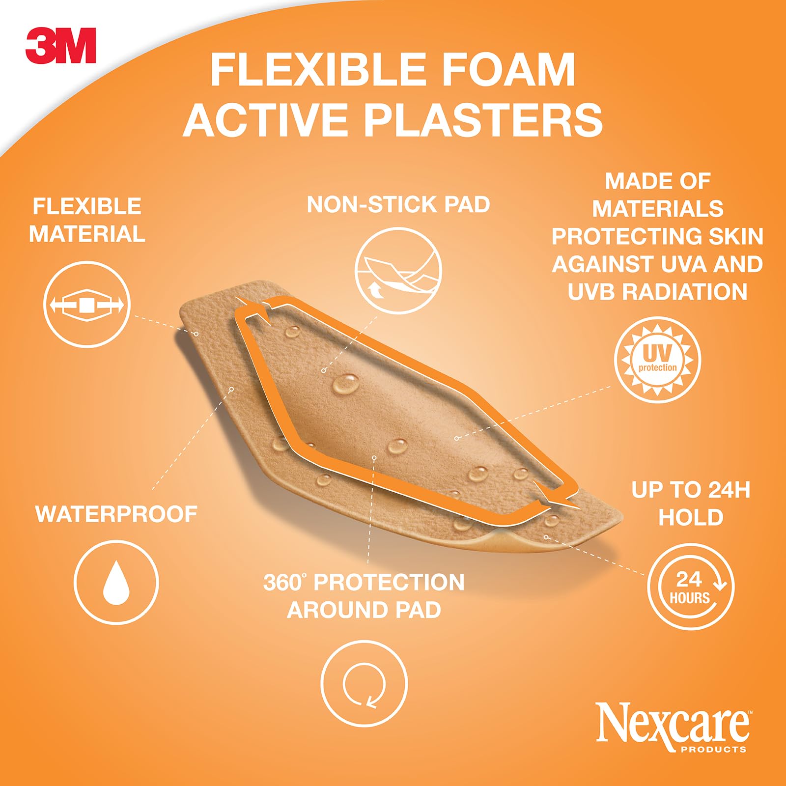 Nexcare Active 360 Bandages Assorted Sizes by 3M Pack of 44, Ultra-Stretchy Water-Resistant Foam Plasters in Multiple Sizes for Every Cut & Graze, Flexible Long-Hold Protection for Active Families