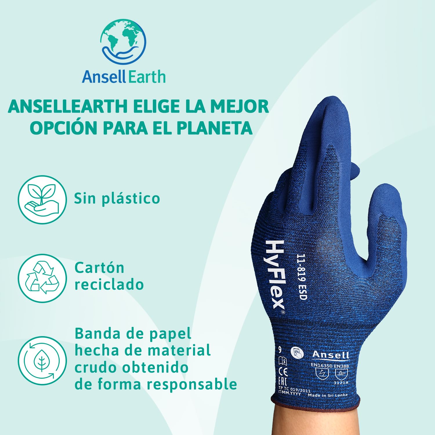 Ansell HyFlex 11-819 Guantes Trabajo Electricista, Diseno Ultraligero con Recubrimiento Nitrilo ESD Antiestatico, Guantes Seguridad Touchscreen, Guantes Hombre y Mujer, Azul, Talla L (12 Pares)