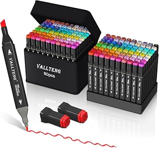 Vallteng Alcohol Markers Set 80 Colours,Dual Tips Colouring Pens for Adults,Permanent Art Markers Set for Drawing Coloring Illustration Graphic Designing with Carrying Case and Base