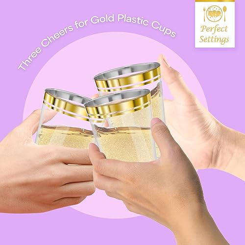 Miniatura 9 de Perfect Settings - Vasos de plástico desechables con doble borde dorado de alta calidad, vasos de plástico transparente duraderos para bebidas frías