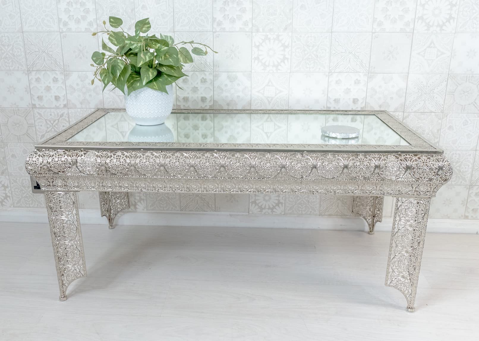 DOWNTON INTERIORS Silver Moroccan Style Embossed Metal Mirrored Glass Coffee Table (GZ419) Part of the AGADIR Collection