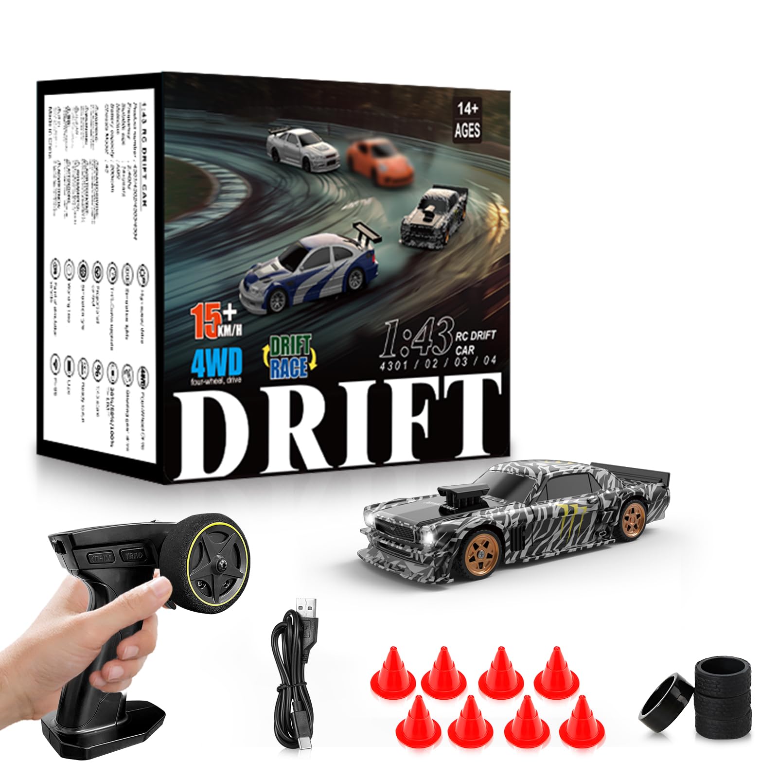 RC Drift Car,1/43 Mini with Gyroscope,2.4GHz Full Proportional Remote Control Car,4WD High Speed Race Car with Lights,Racing Tires,RC Model Cars Gift for Adults,Kids,Boys,Girls,Black