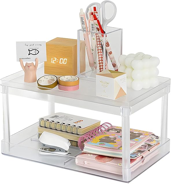 Toplive 2 Tier Acrylic Desktop Lazy Susan Organizer, Double-Layer Desktop Storage Rack Organiser for Cosmetic, stationery, Bedroom, Kitchen and Bathroom