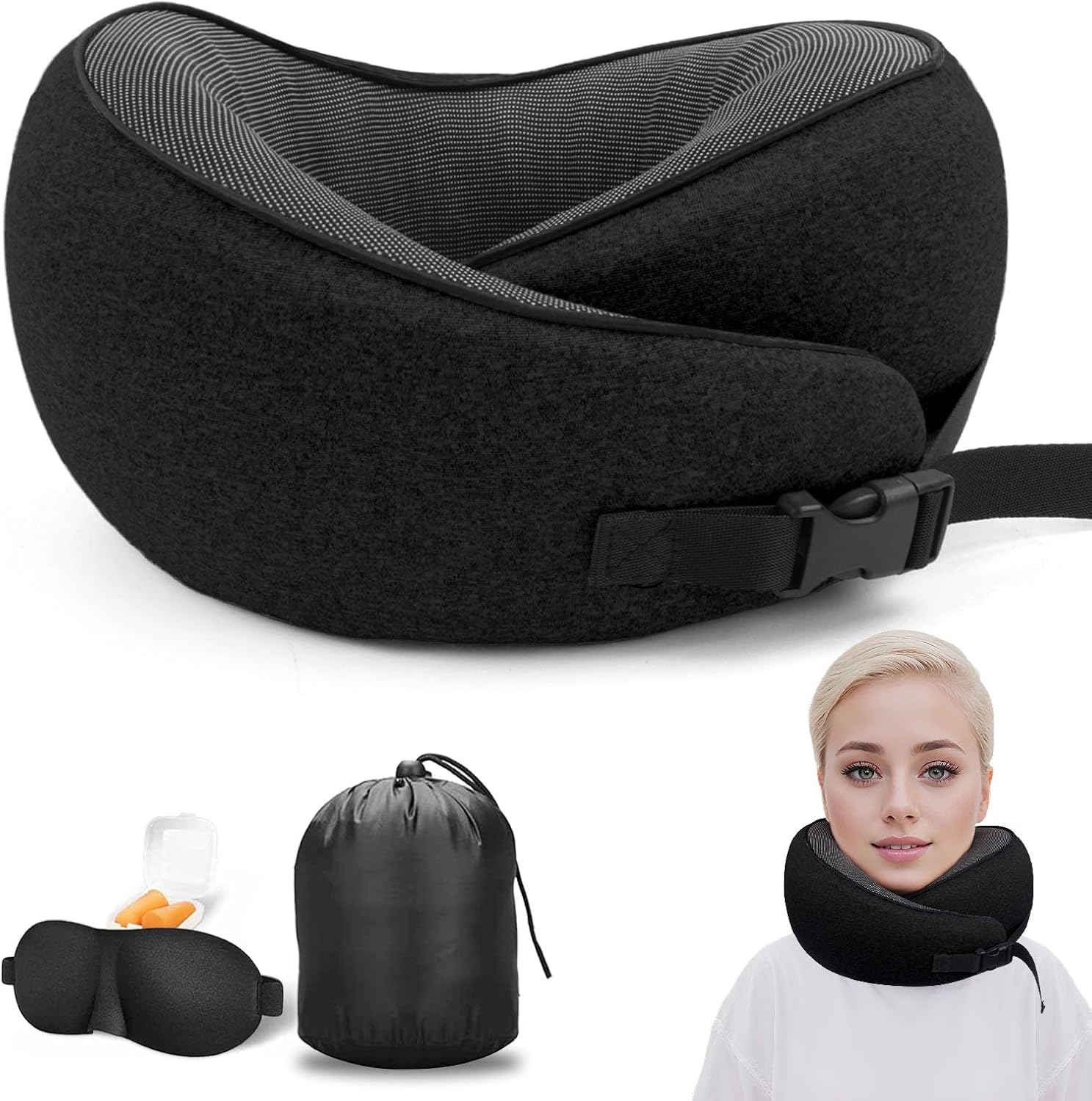 THMINS Neck Pillow for Travel,Travel Pillow for Airplane,Neck Support Comfortable & Breathable Cover, Airplane Travel Kit with 3D Contoured Eye Masks