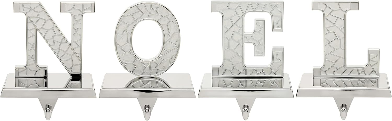 Stocking Holder for Mantle – 4pc N O E L Christmas Stocking Holders Nickel – Stocking Holders with Velvet Bottom – Durable Metal Stocking Holders
