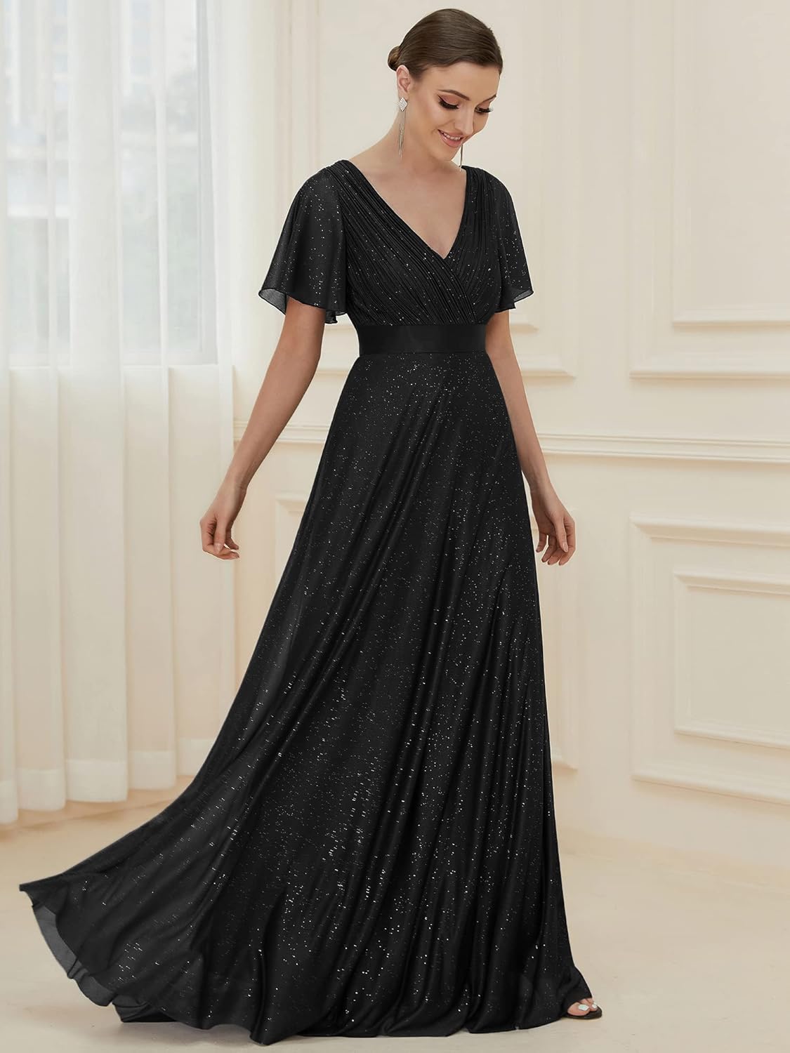 Ever-Pretty Women's Evening Gowns V Neck Ruched Short Sleeves A-line Glitter Formal Dresses - Image 4