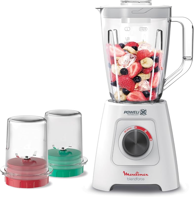 Moulinex LM4231EG Blendforce, Blender, 800 Watts, Jar 2 Liters, 2 Speeds and Pulse, Grinder and Grater, Ice Crush, Powelix Blades, White