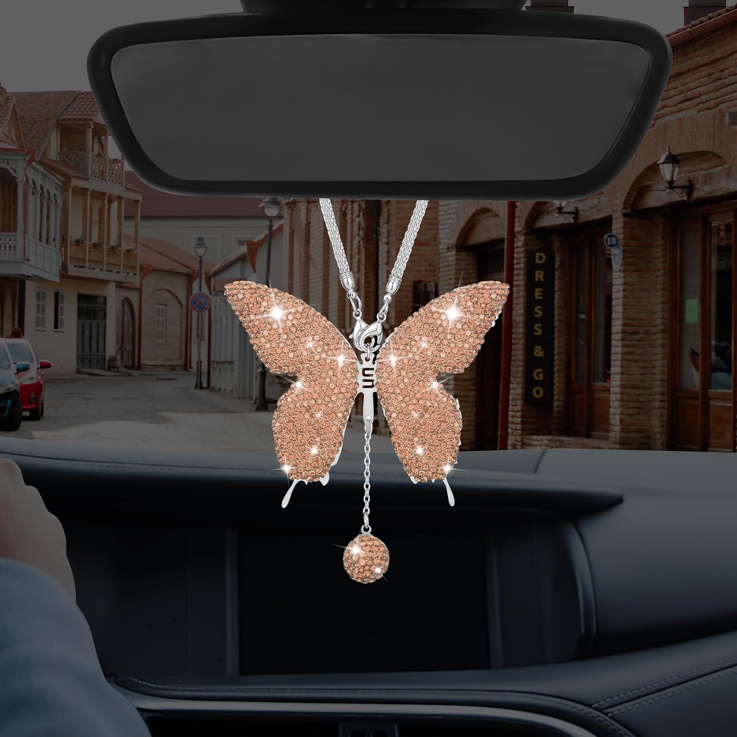 Bling Butterfly Diamond Car Accessories, Car Mirror Hanging Accessories, Crystal Rhinestone Vehicle Rear View Mirror Charms, Lucky Diamond Auto Hanging Ornament Pendant for Cars (Peach)