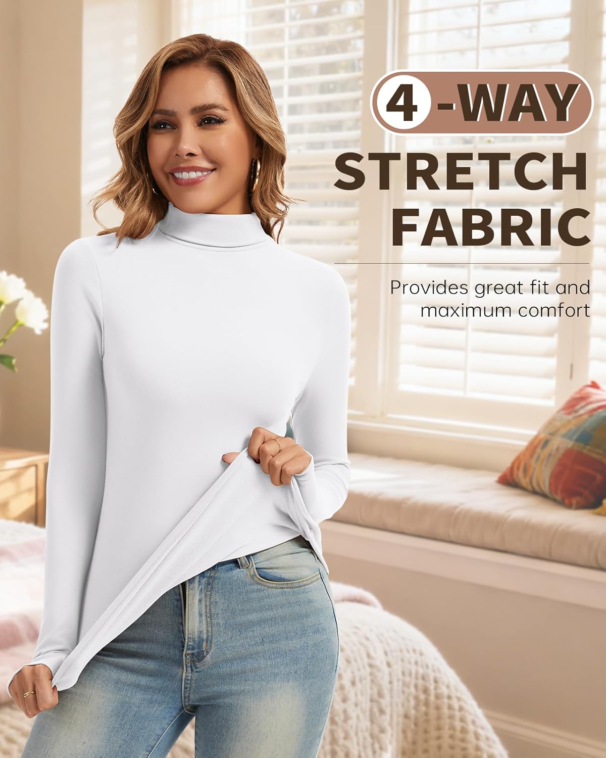 WOWENY Women's Thermal Fleece Long Sleeve Shirt Mock Neck Tops Winter Warm Cold Weather Undershirts with Thumb Holes Pockets