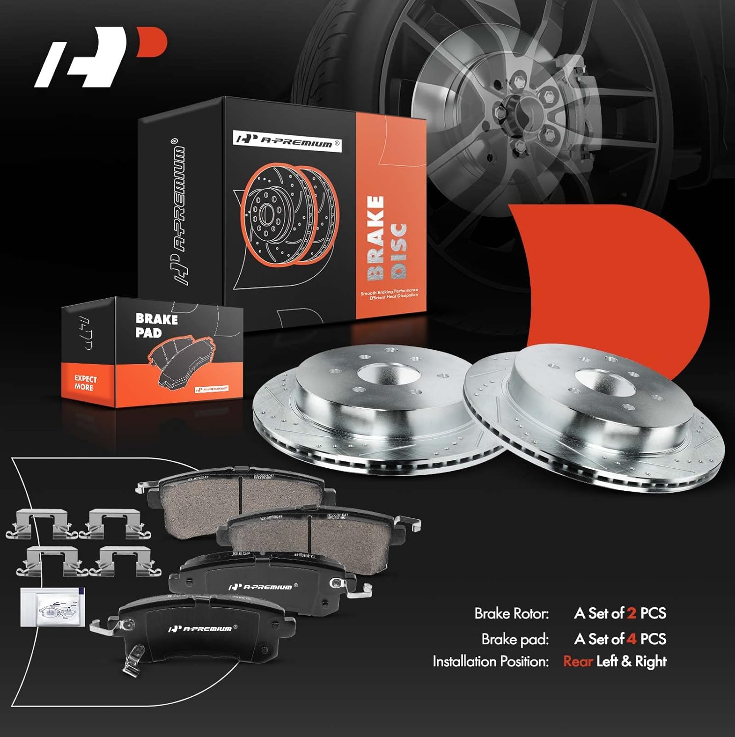 A-Premium 13.77 inch (349.8mm) Rear Drilled and Slotted Disc Brake Rotors + Ceramic Pads Kit Compatible with Select Nissan and Infiniti Models - Armada 2017-2019, QX80 2014-2019, QX56, 6-PC Set