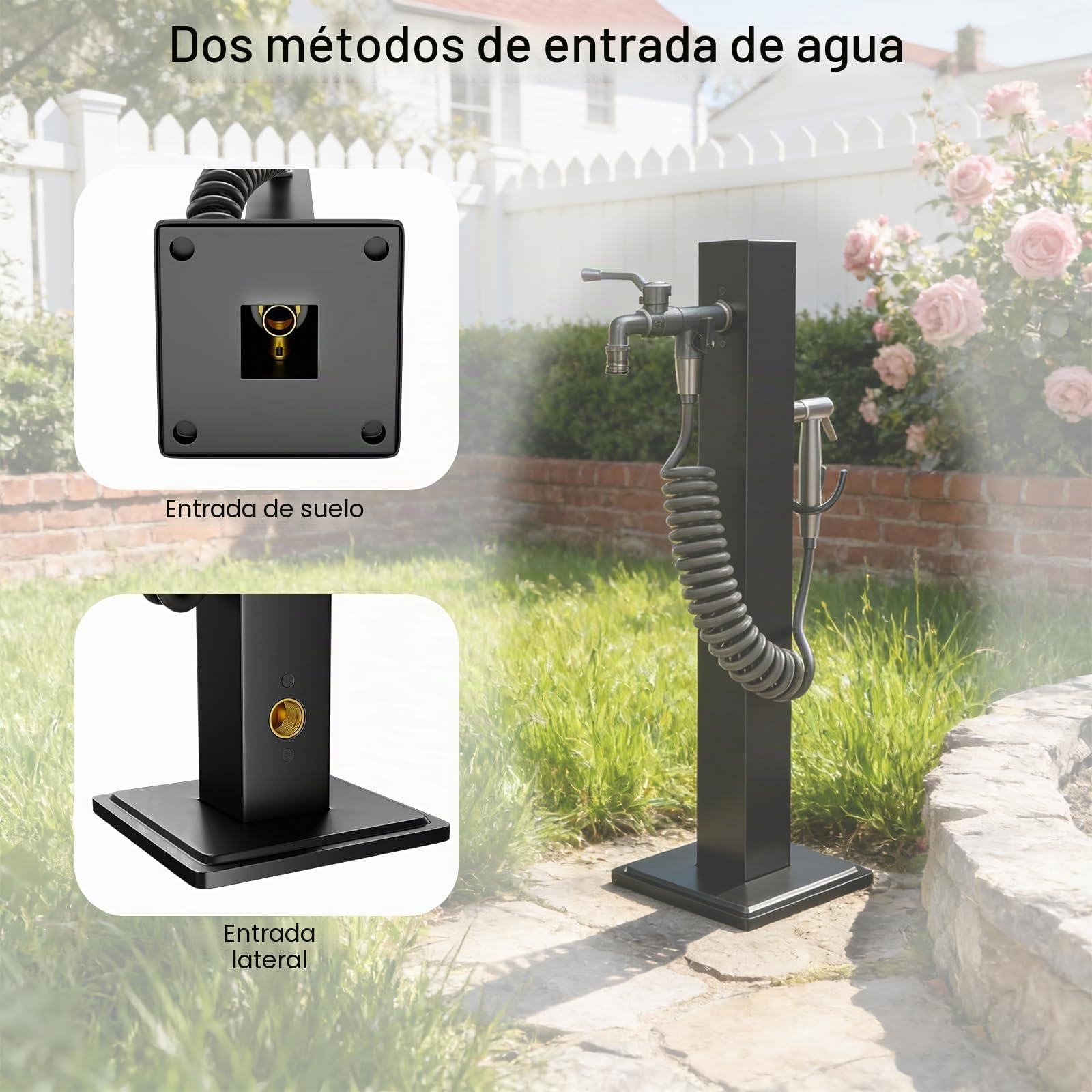 Columna de Agua para Jardin con Grifo, Dos Entradas de Agua, Grifo Exterior Jardin con Soporte Manguera y Pistola Rociadora, Fuente Jardin Exterior para Jardines, Granjas (Grande)