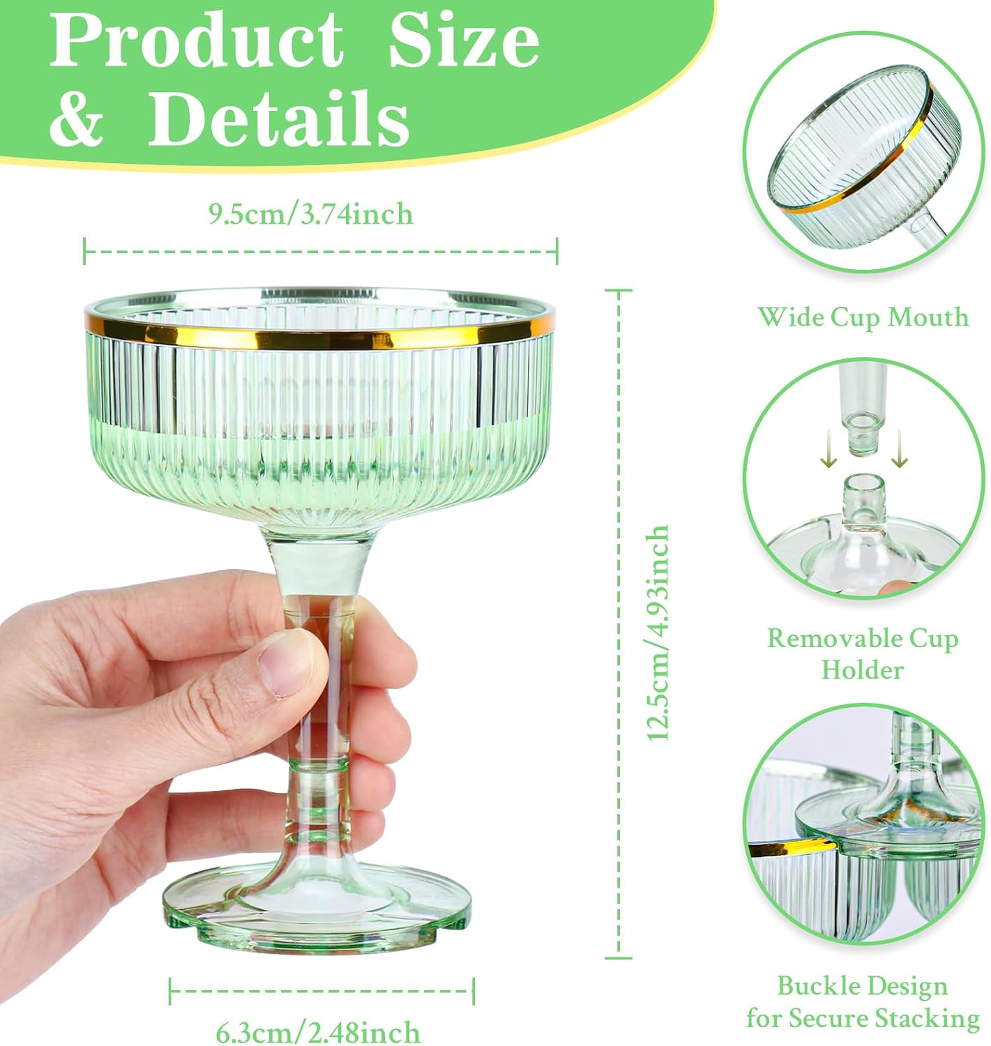 30 Pack Plastic Champagne Tower Glasses 5oz Green Champagne Coupe Glasses Disposable Martini Glasses With Gold Rim Stackable Champagne Flutes Cocktail For Christmas Wedding Birthday Party - Image 2