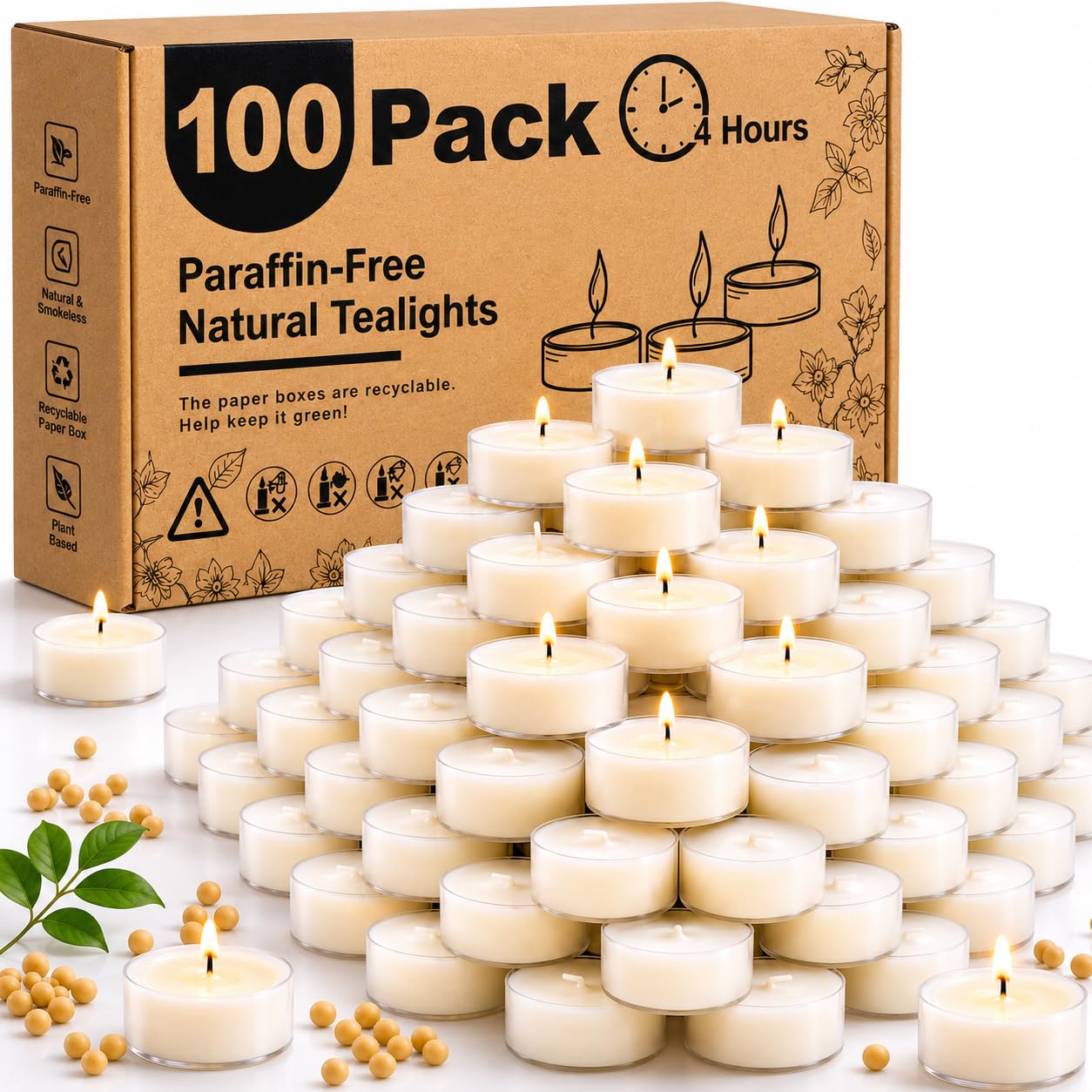 100 Pack Soy Wax Tealights, 4 Hours Unscented Paraffin-Free Candles — image 1