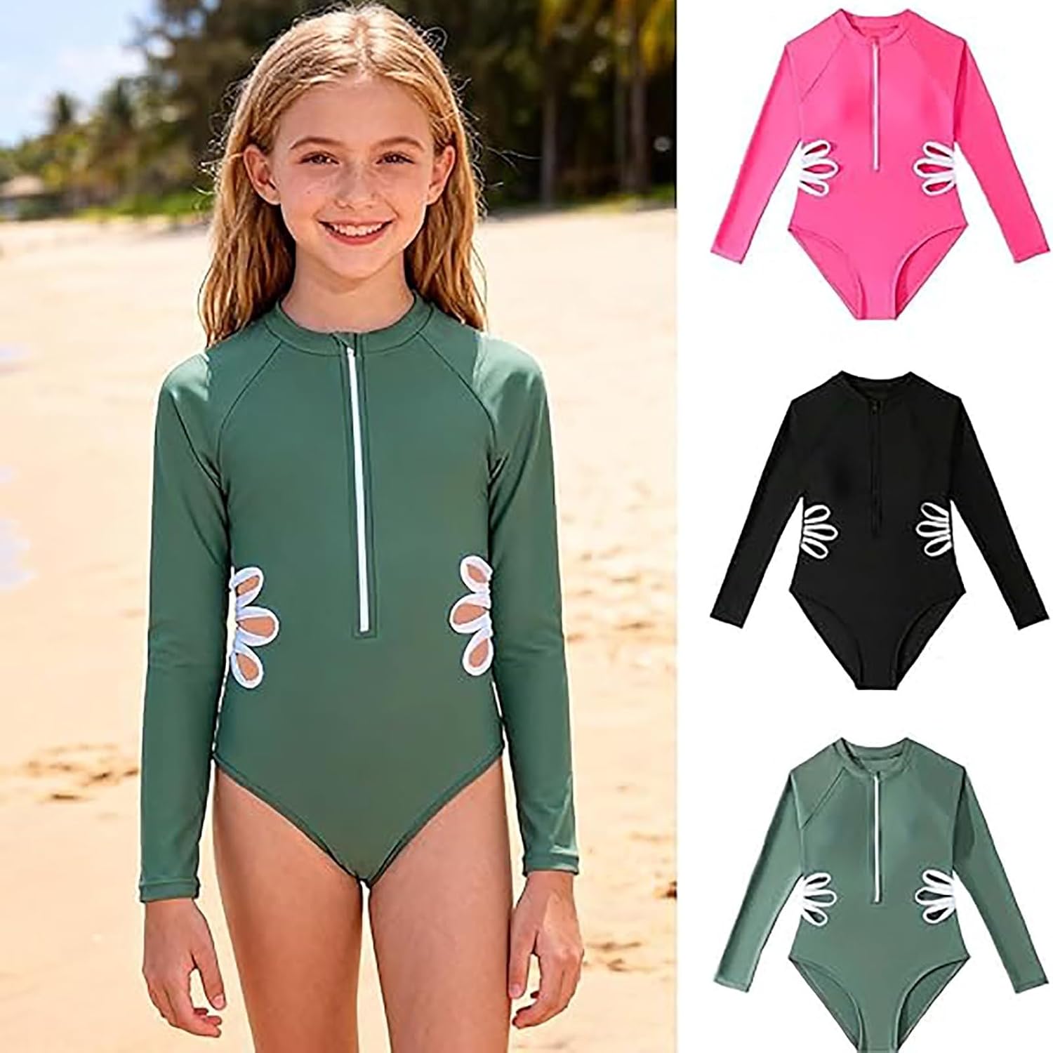 Girls One Piece Rash Guard Swimsuit Kids Long Sleeve Zipper Swim Bathing Suit Summer Beach Athletic Tankini Swimwear