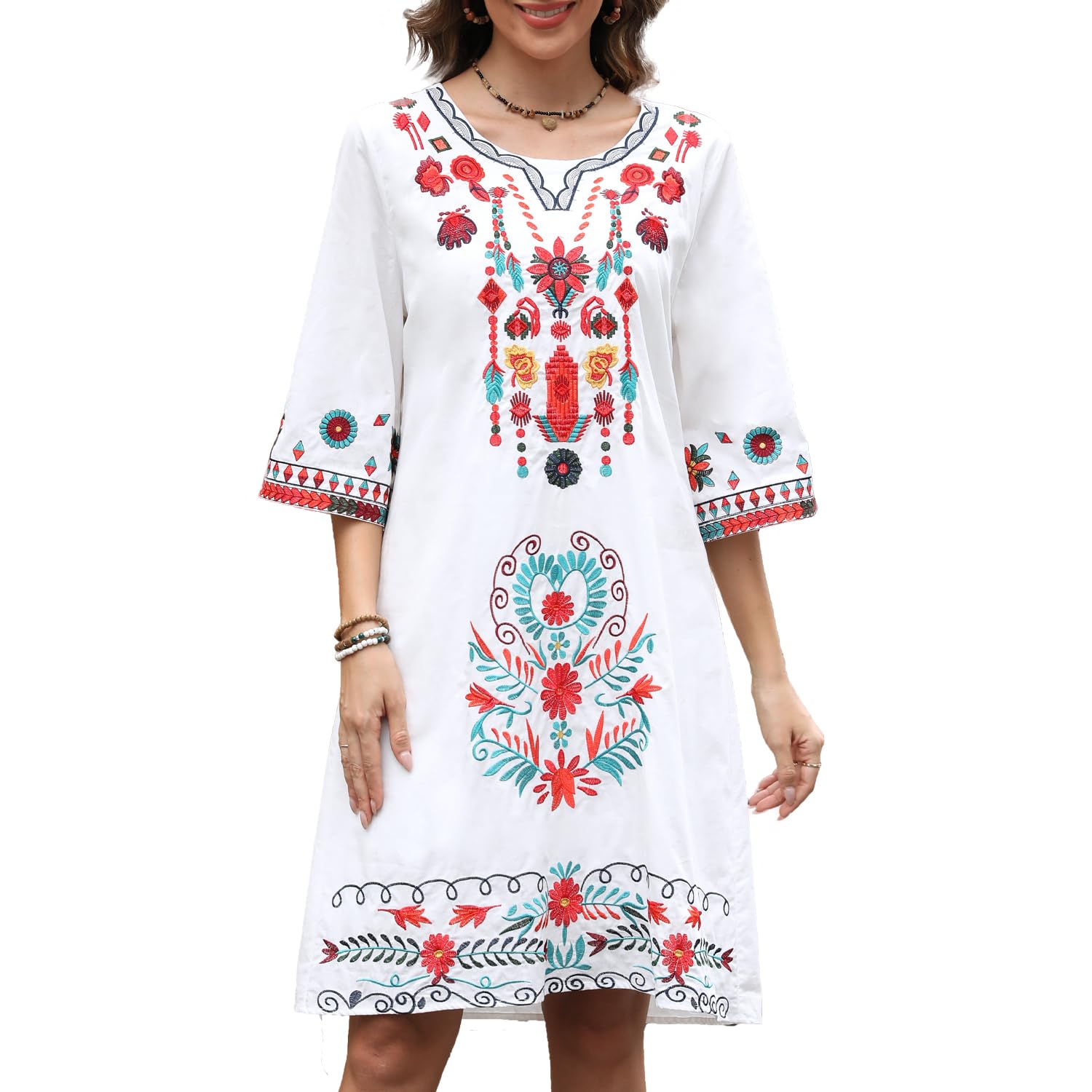 Seasonal Damen Bohemian 3/4 Ärmel Kleid Folklore Floral Stic
