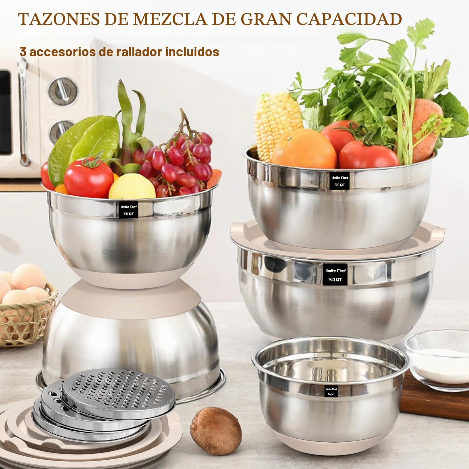Umite Chef 8 cuencos para mezclar con tapa hermética, de acero inoxidable, color caqui, con accesorios de rallador, cuencos de cocina con base antideslizante, tamaño 5, 4, 3,5, 2, 1,5 l para mezclar y